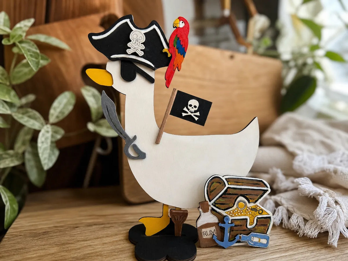 Pirate Goose with Parrot and Treasure Chest