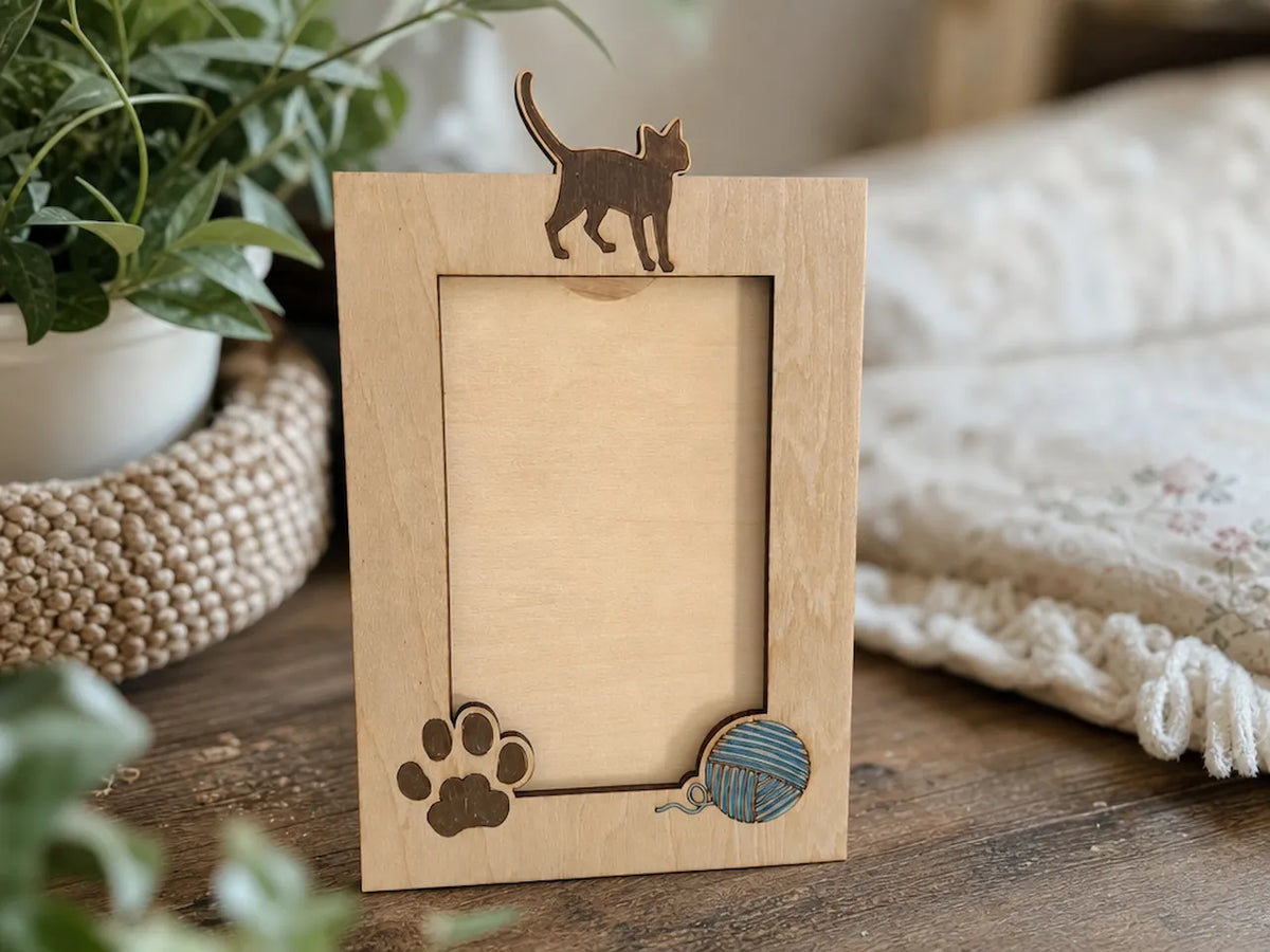 Wooden 4x6 picture frame with cat, paw print, and yarn ball motif
