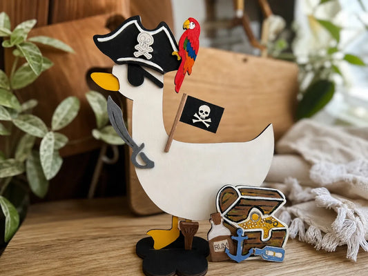 Pirate Goose with Parrot and Treasure Chest