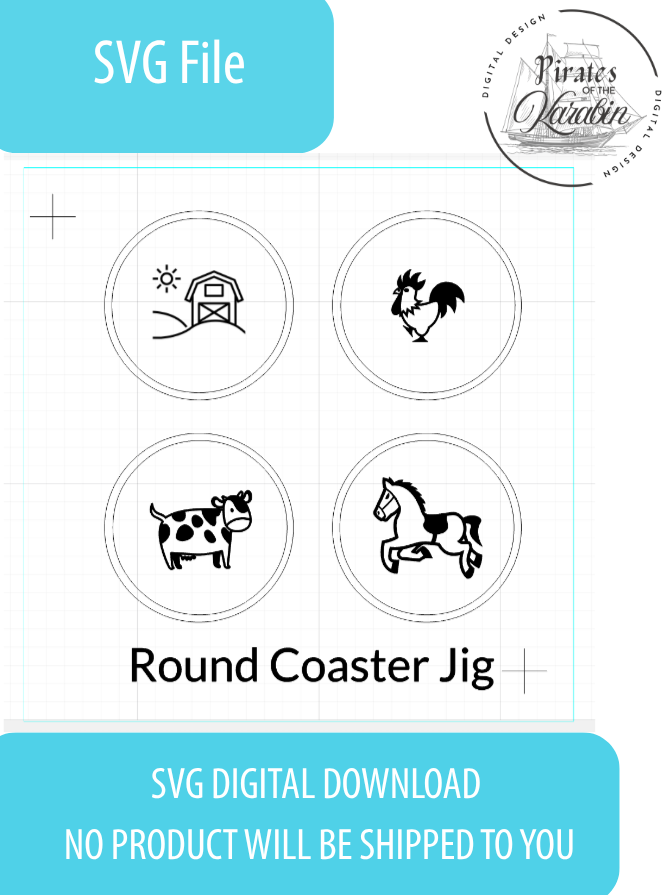 Product display with SVG file for round coaster jig, featuring icons and branding.