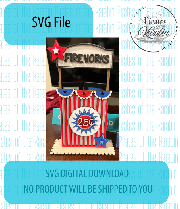 Digital download for a Fireworks stand SVG file with branding on a light blue background.