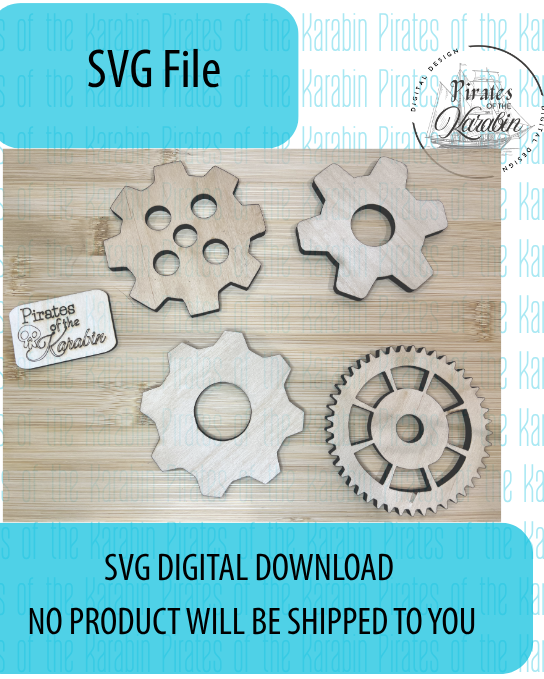 SVG file digital download with gear designs on a wooden background