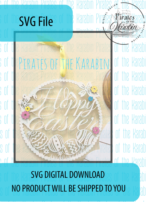 Digital download card with 'Happy Easter' text and decorative elements on a white background.