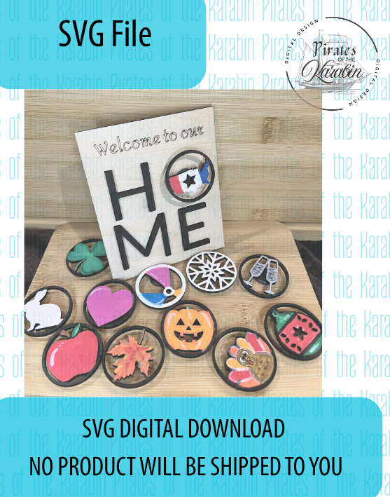 Digital download for 'Welcome Home' sign with colorful buttons on a white background
