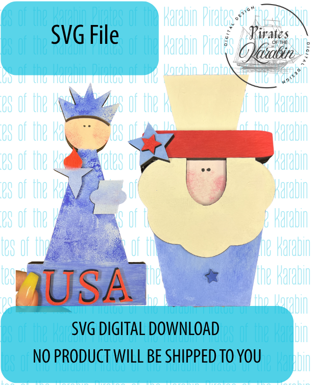 Digital download for SVG files featuring two gnomes with American flags on a blue and white striped background.