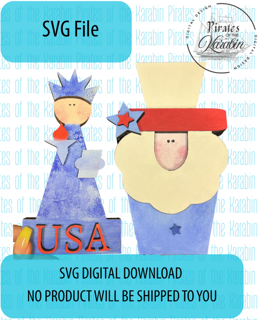 Digital download for SVG files featuring two gnomes with American flags on a blue and white striped background.