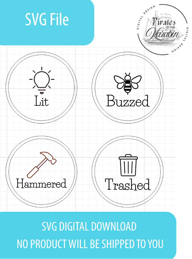 Set of icons with labels for SVG file status including 'Lit', 'Buzzed', 'Hammered', and 'Trashed' on a white background.