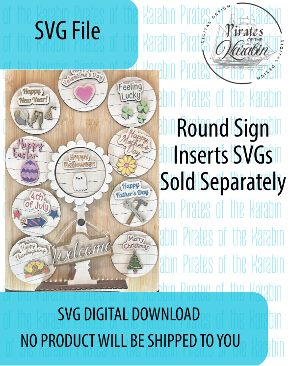 Packaging of round sign inserts with SVG files on a white background
