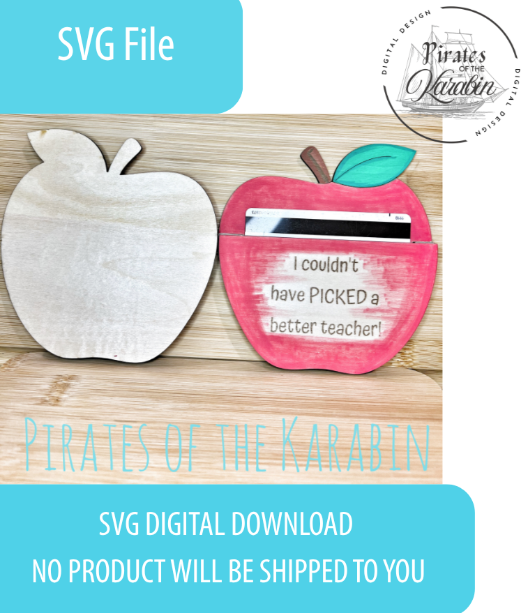 Two apple-shaped cutouts with text on a white background, featuring an SVG digital download message.