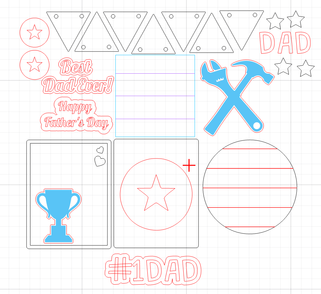 A digital download for a Father's Day themed tier tray with laser cut files, featuring shapes for a trophy, a star, a key, and text elements like 'DAD' and '#1DAD'.