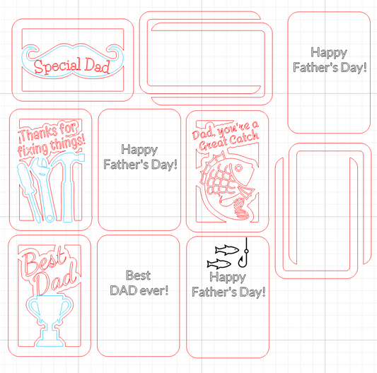 Set of Father's Day cards with various designs and text on a white background.