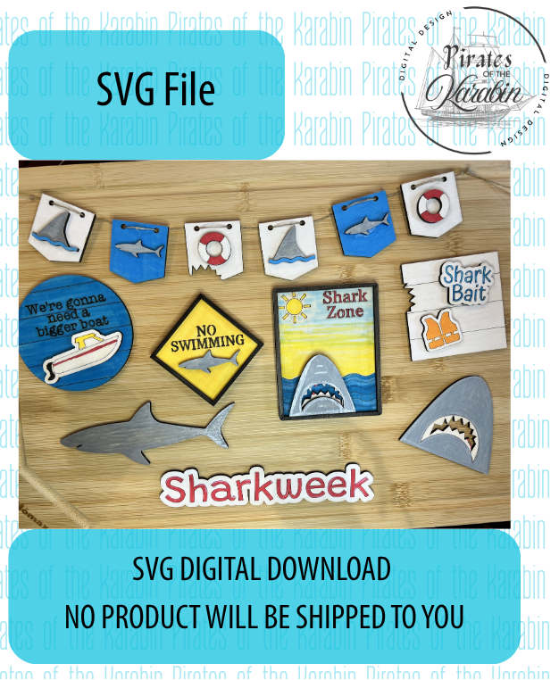 Digital download package for 'Sharkweek' SVG files with icons and text on a wooden background.