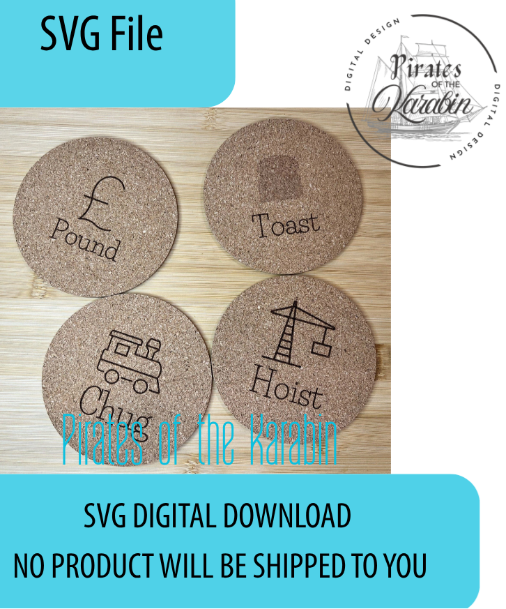 Packaging of wooden coasters with text and a digital download SVG file option.