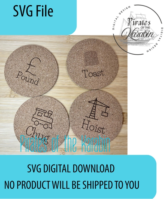 Packaging of wooden coasters with text and a digital download SVG file option.