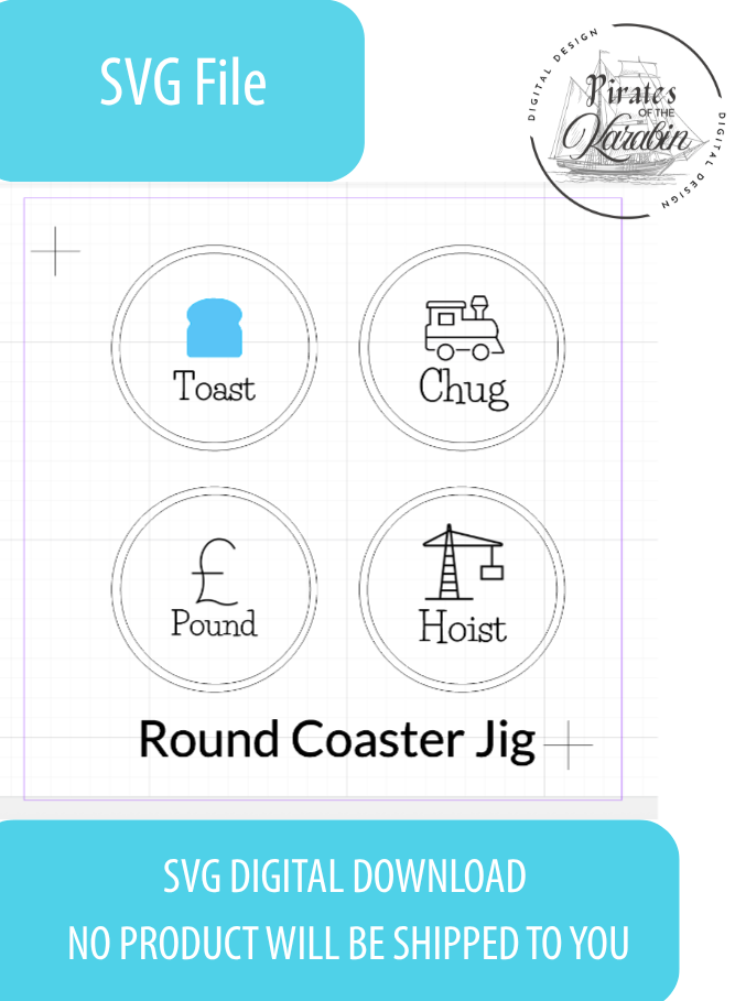 Round coaster jig with SVG file options on a white background
